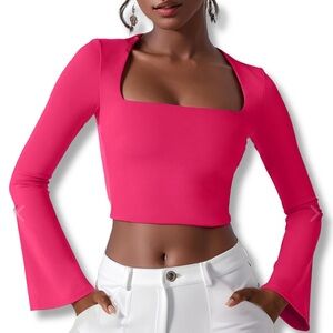Bodycon Crop Top Barbie Hot Pink Square Neck Long Bell Sleeves Women’s Size L